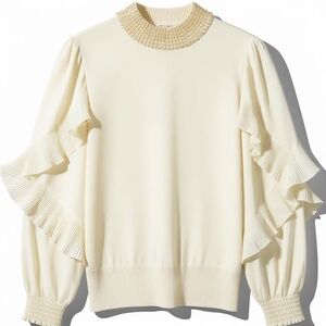 Mally Roncal Ivory Mock Neck Ruffle Sleeve Pearl Sweater Knit Top XXS New